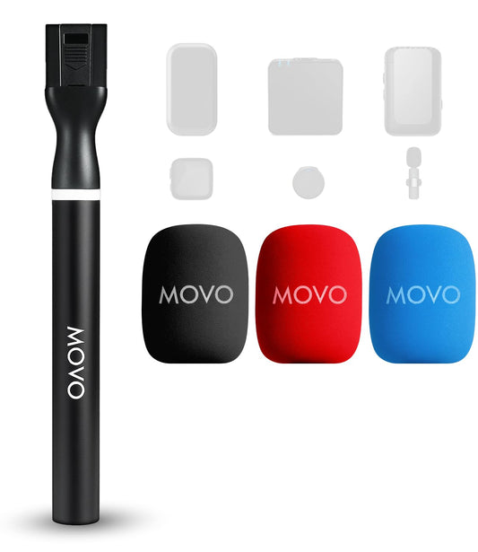 Movo WMX-HM2 Wireless Microphone Handle for DJI Mic, Rode GO II - Handheld Interview Grip with Mic Holder, Adapter & 3 Windscreens - for YouTube