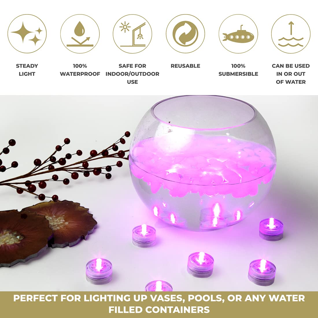 LumaBase Submersible Battery Operated LED Lights, Pink - Set of 12