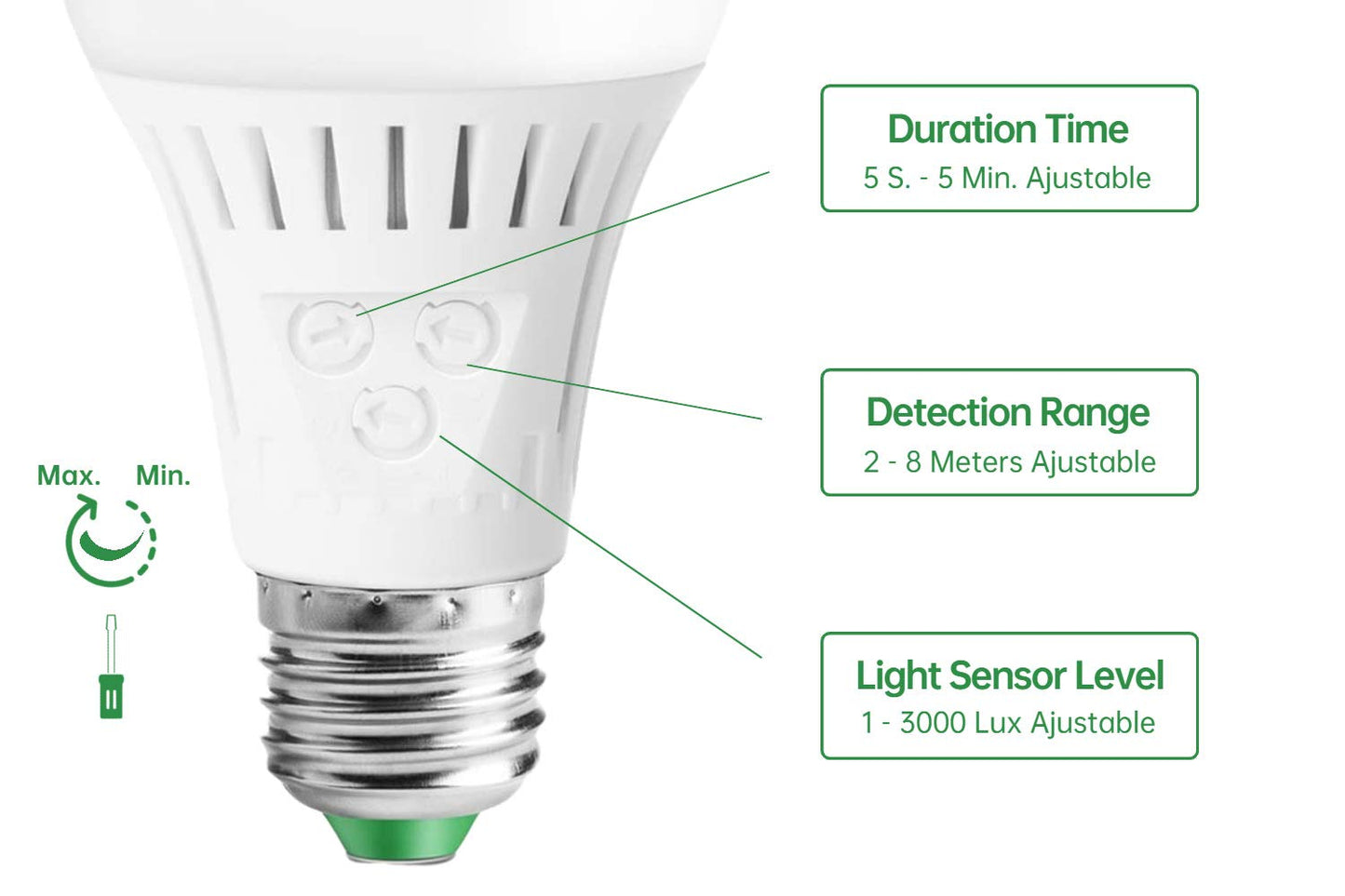 Elrigs Motion Sensor Light Bulb with Dusk to Dawn, E26 Base, 7W LED(60W Equivalent), Warm White(3000K), Motion Sensitivity, Time and Twilight Setting