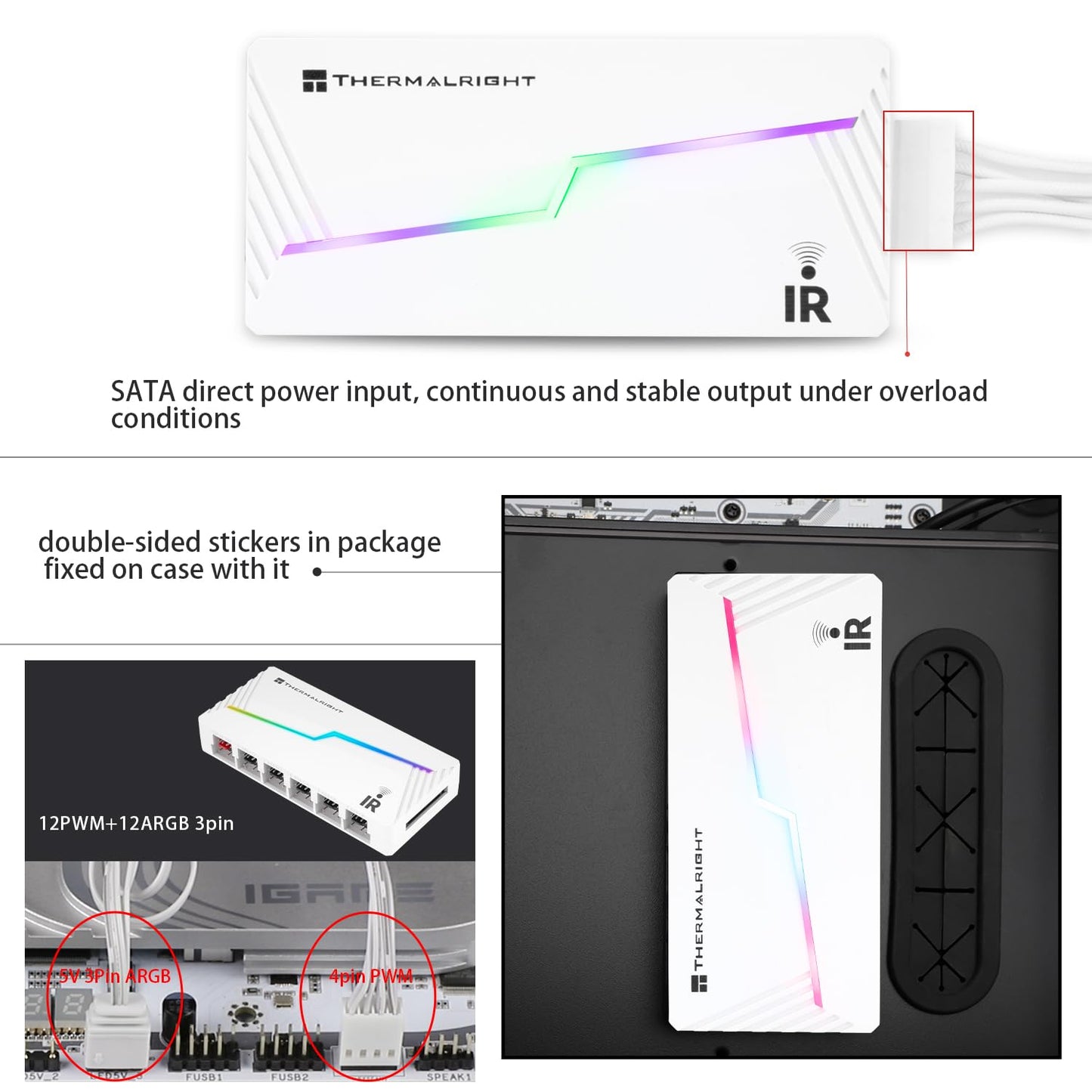 Thermalright ARGB and Fan HUB X12 IR White Hub Controller Support 12 Groups of CPU Fans,3Pin PC ARGB Controller and 4Pin PWM Fan,SATA Power Cord