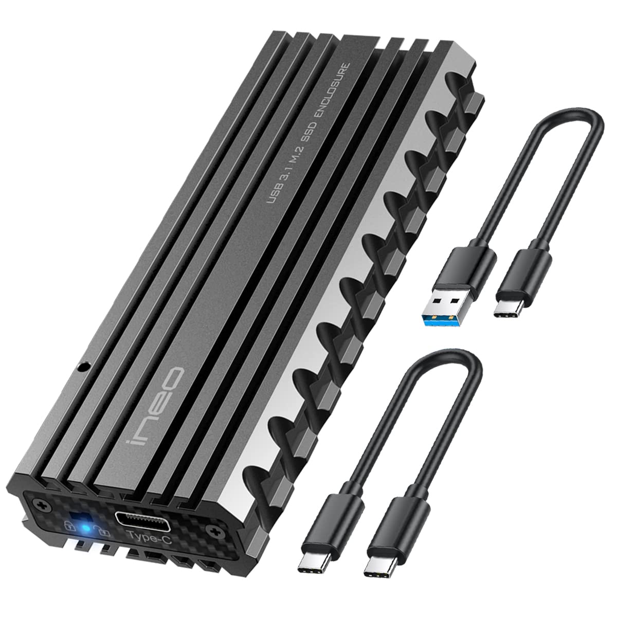 Ineo M.2 NVMe (PCIe) SSD USB10Gbps Type-C Rugged Militarized Enclosure with a Solid Metal Case and Built-in Write Protection Switch (Picatinny Rail