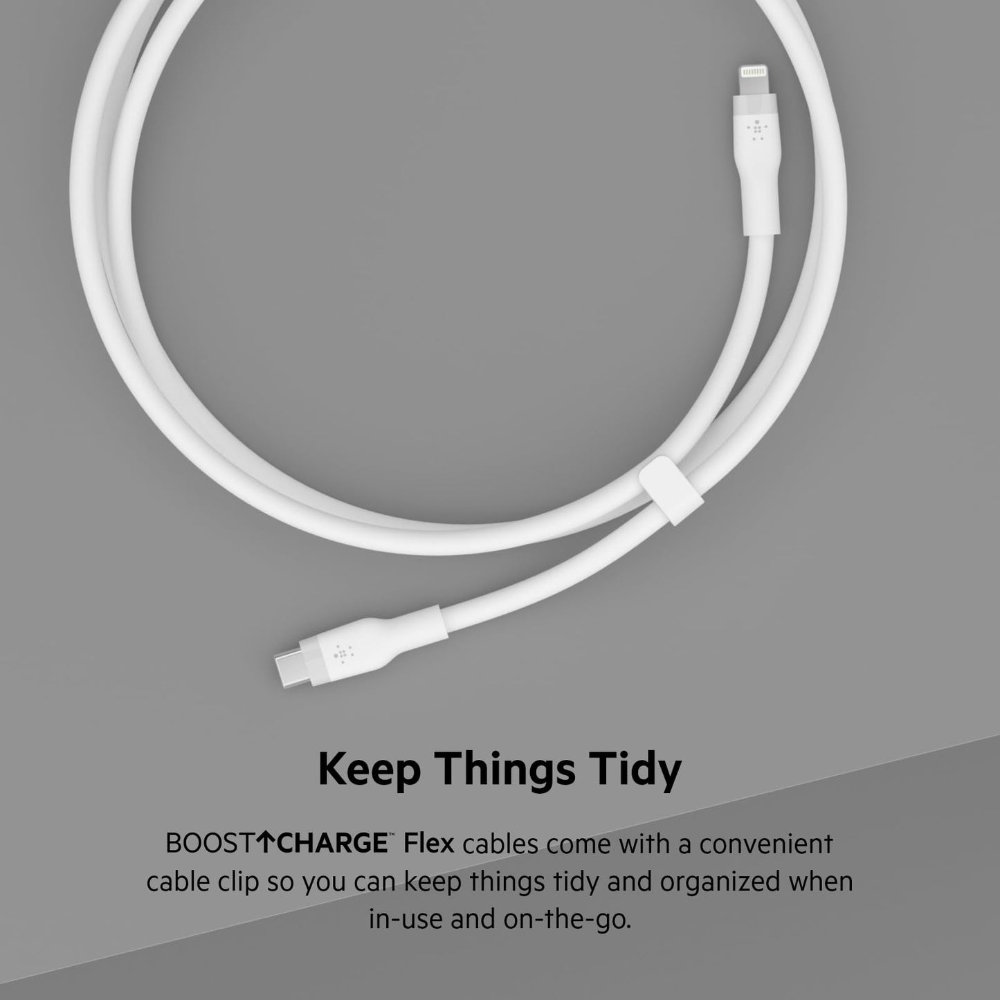 Belkin BoostCharge Flex Silicone USB-C to Lightning Cable (1M/3.3FT), MFi-Certified Charging Cable for iPhone Series with Cable Clip - White