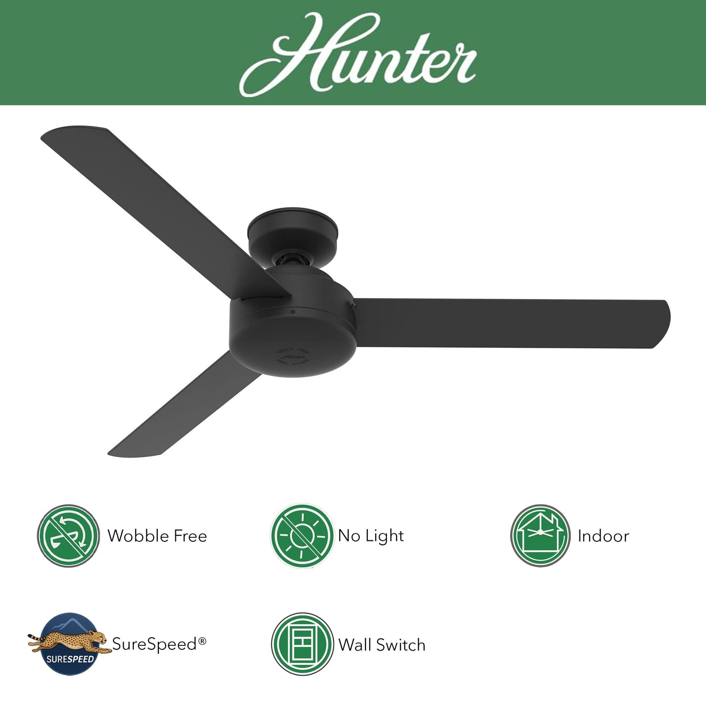 Hunter Fan 52 in Contemporary Matte Black Finish Indoor Ceiling Fan with 3 Blades (Renewed)