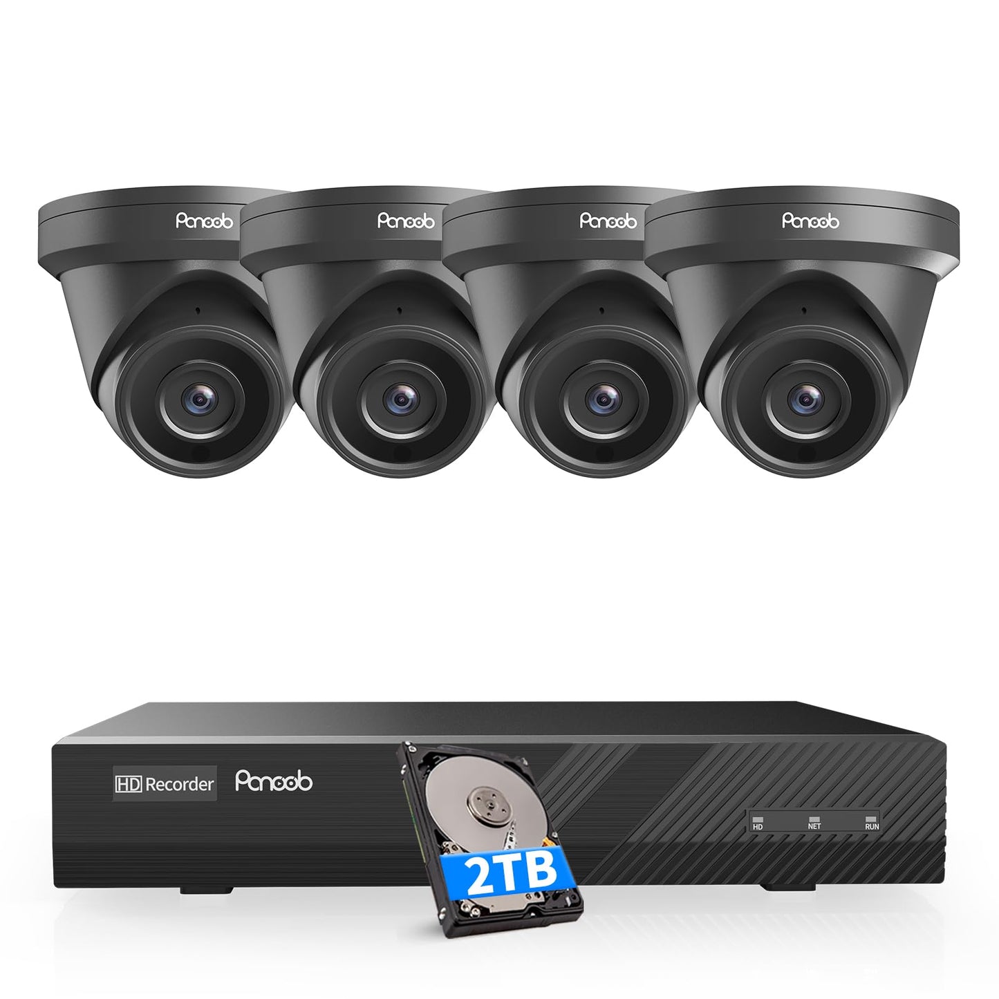 PANOOB 4K Security Camera Systems, 4X 8-Megapixel Wired IP Dome PoE Cameras Outdoor with Person Vehicle Detection, Built-in Mic, Remote Access, 4K 8CH