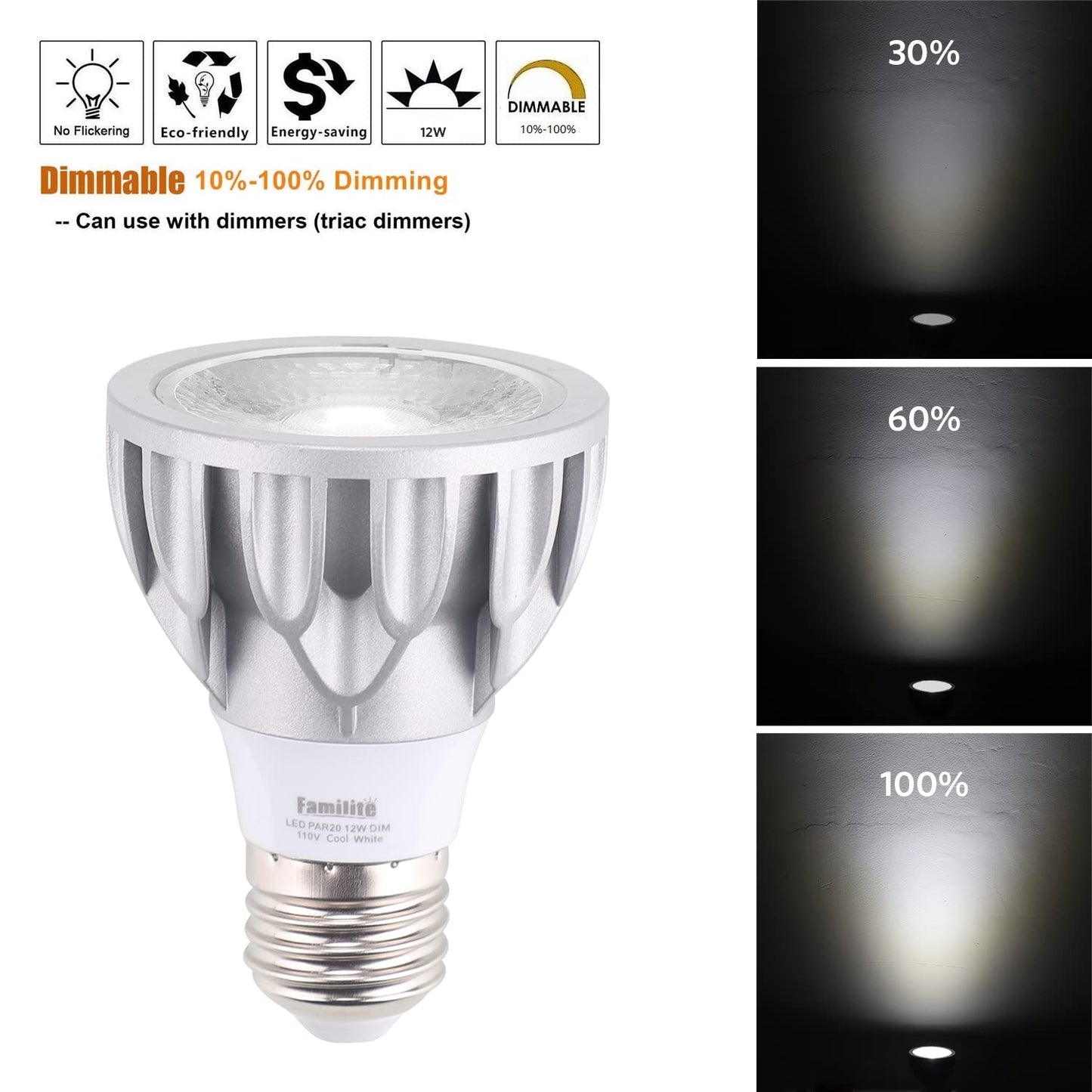 Familite PAR20 LED Bulbs, 12W Dimmable Spot Light, 100W Halogen Equivalent, 36° Narrow Beam Angle, 6000K Cool White, E26 Medium Base for 4’ Cans, Pack