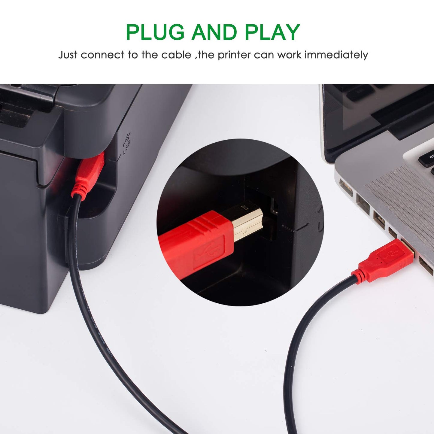 Printer Cable, 30FT Type A-Male to B-Male Cable Compatible with HP, Canon, Epson, Dell, Brother, Lexmark, Xerox, Samsung etc