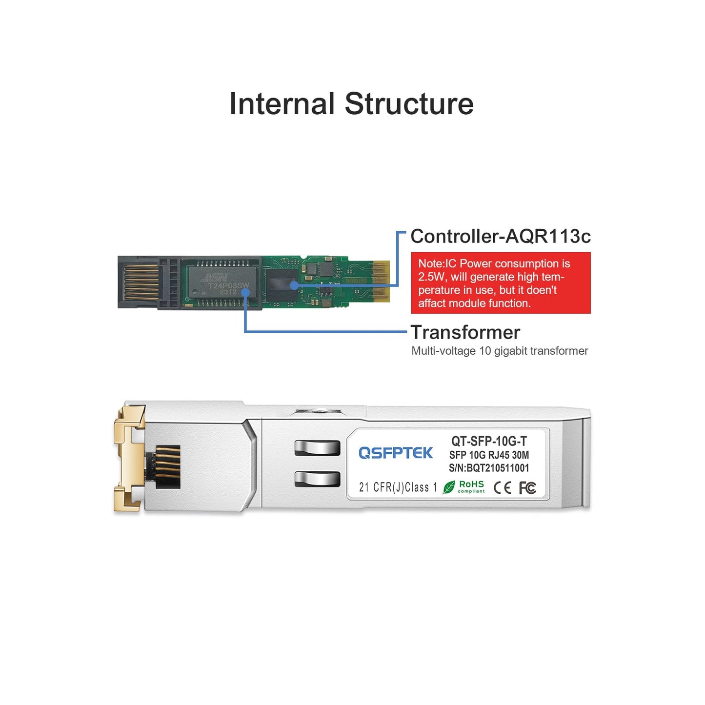 10GBase-T Module, SFP to RJ45, 10G Copper SFP+ Transceiver, 10Gbe Optical Ethernet Mini Gbic 10 giga Computer Networking Transceiver Compatible