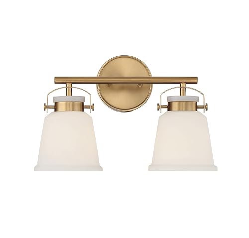 Savoy House 8-1627-2-322 Kaden Industrial Traditional White Opal Glass Bathroom Vanity Wall Light, 2-Light 120 Total Watts, 11" H x 16" W, Warm Brass