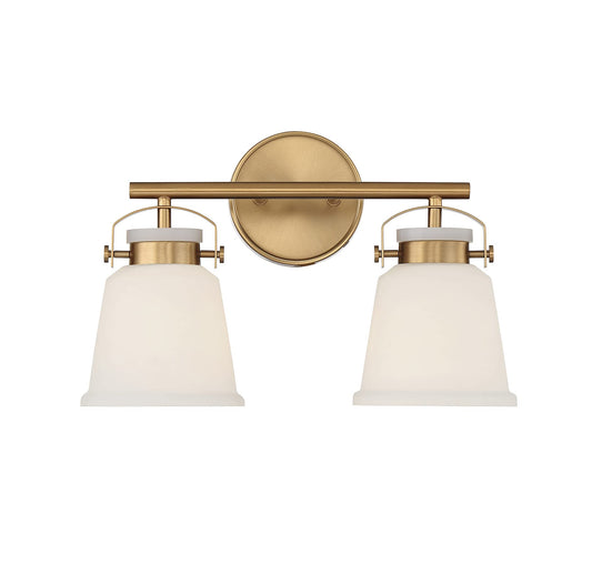 Savoy House 8-1627-2-322 Kaden Industrial Traditional White Opal Glass Bathroom Vanity Wall Light, 2-Light 120 Total Watts, 11" H x 16" W, Warm Brass