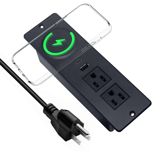 Recessed Power Strip with 15W Wireless Charger,Furniture Recessed Outlet with USB C Fast Charging,Desktop Charging Station & 2 Outlets,2 USB Ports