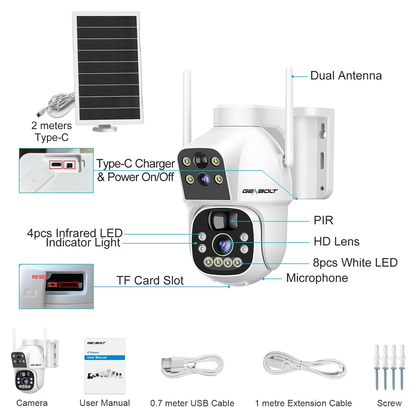 GENBOLT Solar WiFi Security Camera Outdoor Wireless, 8W 15600mAh Battery Powered Home Surveillance Cam CCTV with Dual View, Dual Lens Spotlight IP Cam