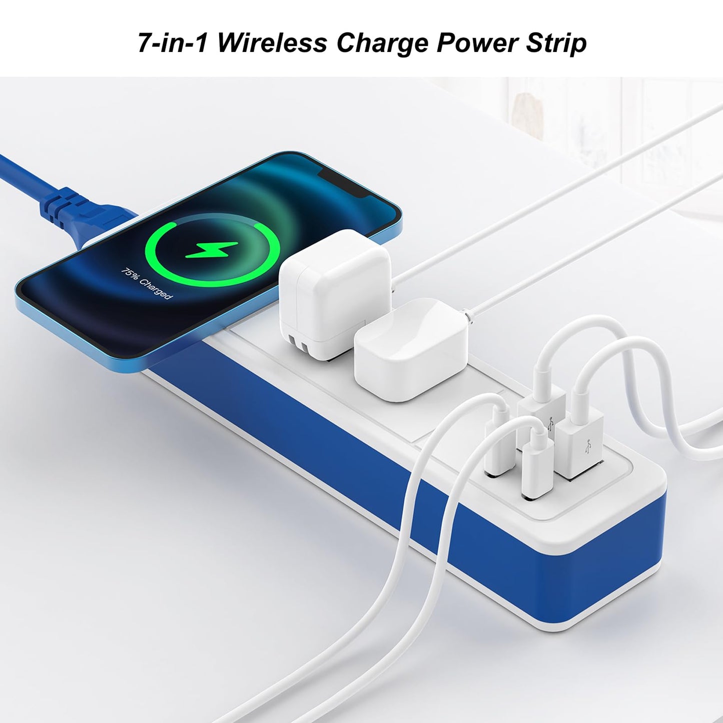 7-in-1 Wireless Fast Charge Power Strip with USB C, 2 USB-C Ports,2 AC Outlet,2 USB-A, Fast Charging Station for Nightstand Desktop Office Dorm,6 ft