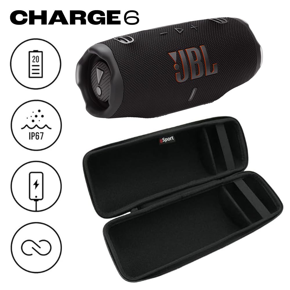 JBL Charge 6 Waterproof Portable Speaker Bundle with gSport Carbon Fiber Case (Black)