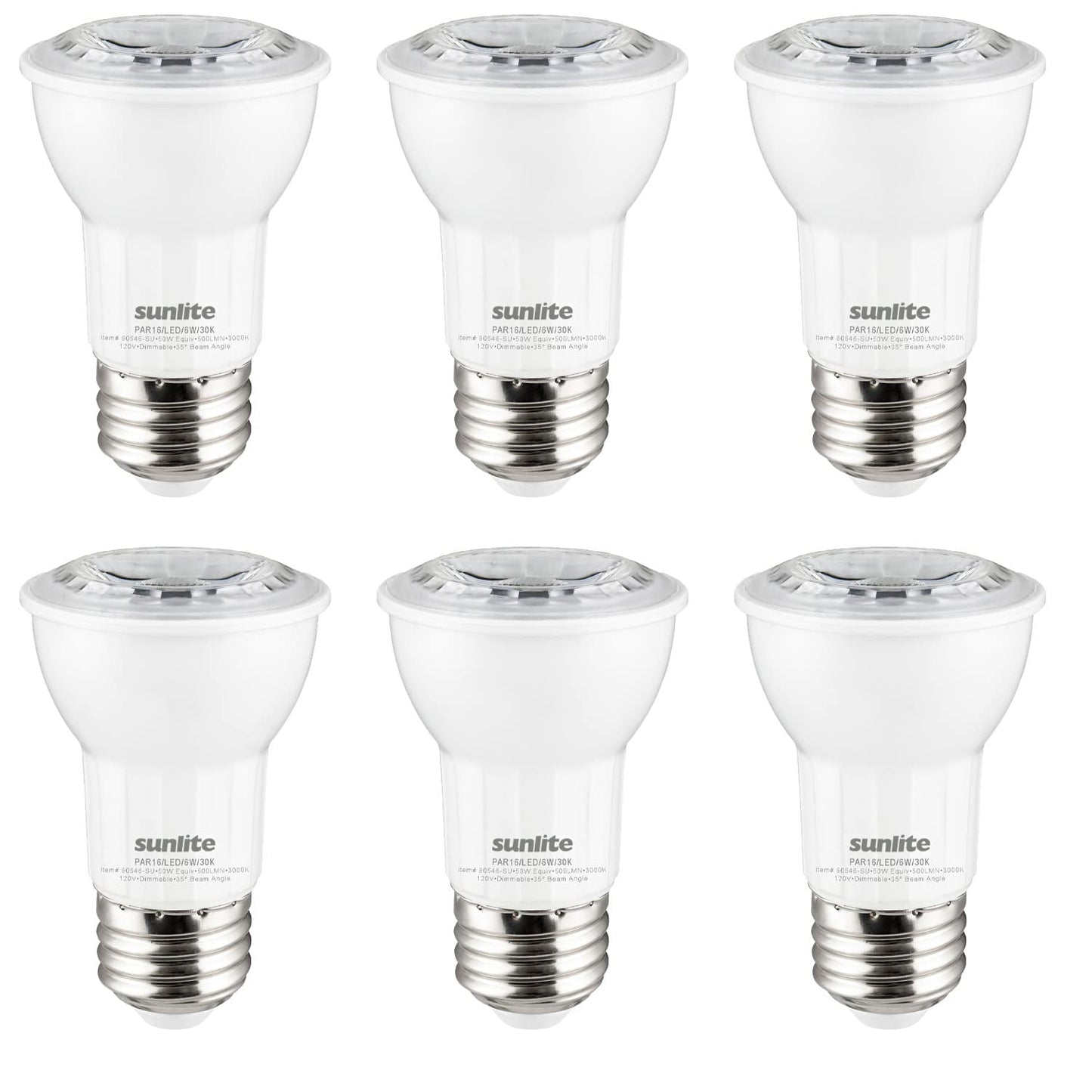 Sunlite LED PAR16 Long Neck Recessed Spotlight Light Bulb, 6 Watts (50W=), 500 Lumens, Medium E26 Base, Dimmable, 90 CRI, ETL Listed, Title-20