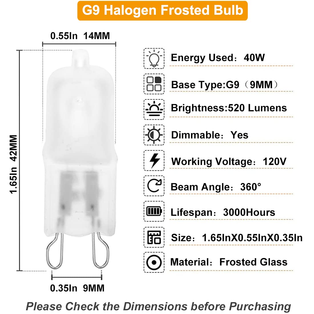 Vinaco Frosted G9 Halogen Bulb Warm White 2800K 40W 120V for Chandeliers