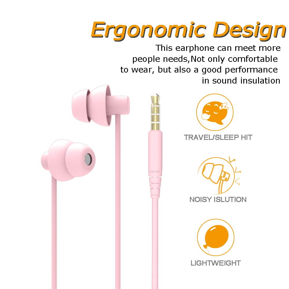 Ururtm Pink Color Wired Sleep Soundproof Earbuds Headphones, Noise Isolating Soft Earbuds for Sleeping, Nighttime, Insomnia, Side Sleeper, Snoring