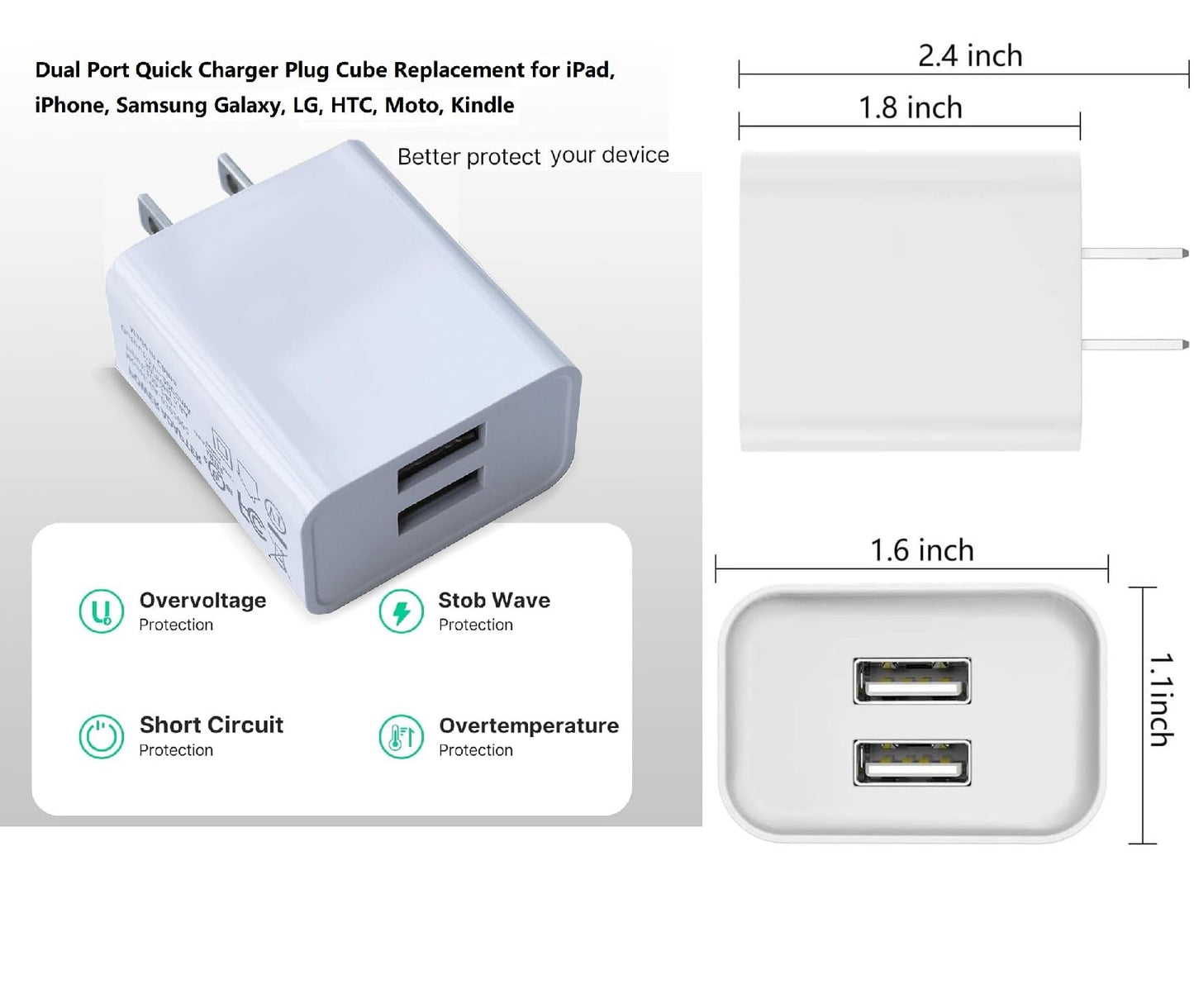 2Pack USB Wall Charger Dual Port Quick Charger Plug Cube 5V 2A for iPad iPhone,Samsung Galaxy,LG,Moto,Amazon Fire Tablet,PS4 Xbox,Headphone,Music