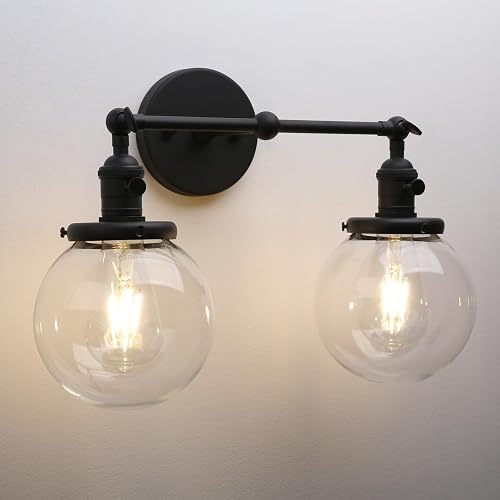 Phansthy Vintage Wall Sconce with Switch, 180 Degree Adjustable Hardwired Bathroom Vanity Light, Industrial Wall Light with 5.9" Globe Glass Shade