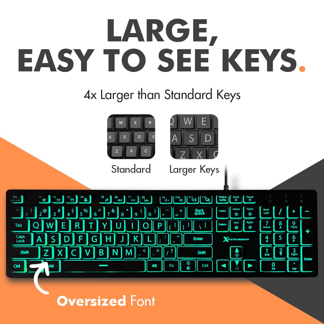 X9 Wired Keyboard and Mouse Combo - Large Print Backlit Keyboard and Mouse for Elderly, Low Vision, Visually Impaired - 7 LED Light Up Color, Lighted