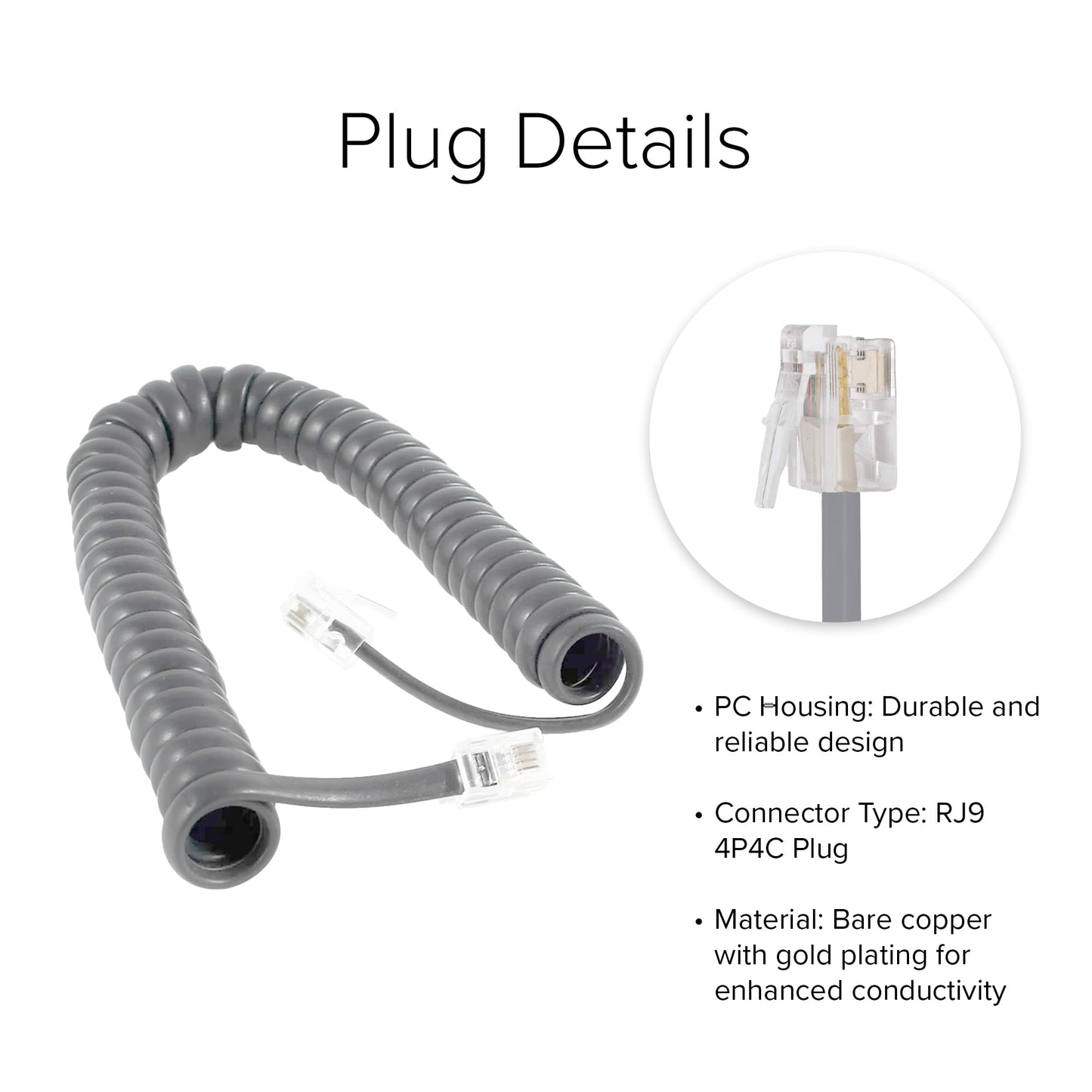 Lumenzi Long-Lasting 4 Inch Lead Handset Cord - Medium Gray Telephone Cable for Extended Use and Reliable Performance - 25 FT