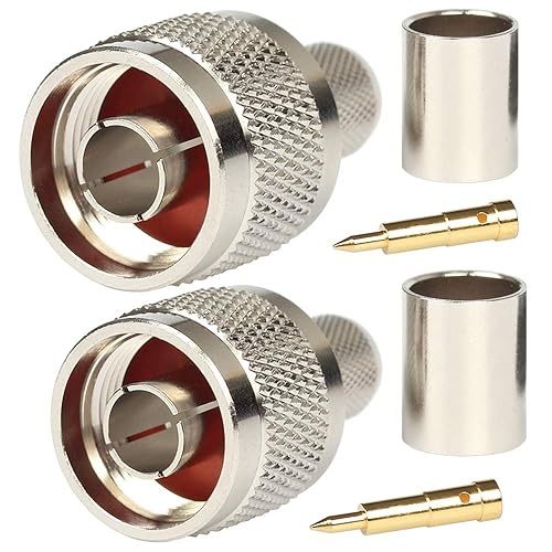 Riotaxy N Male Crimp Connector for LMR400 Belden 9913 RG8 - Nickel Machined Brass Construction - Pack of 2