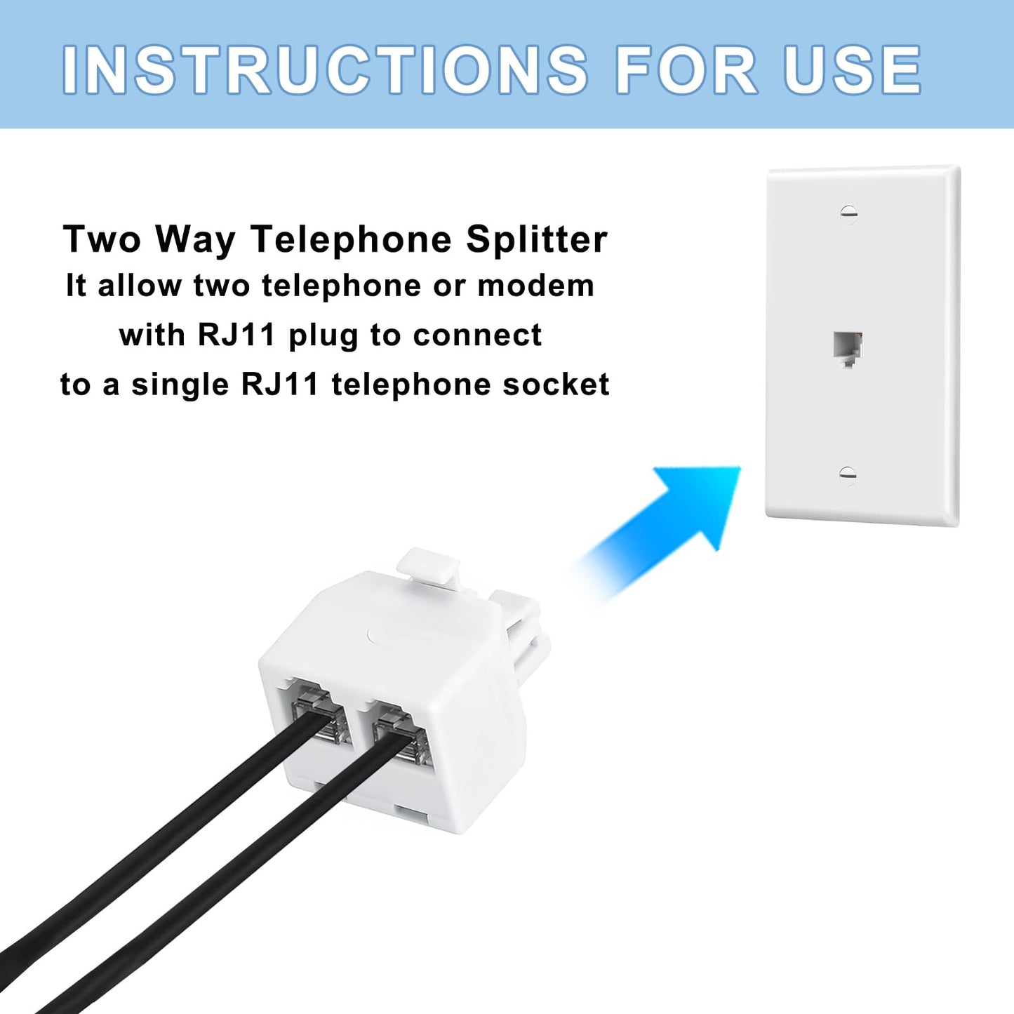 YIENFBEV Phone line Splitter, RJ11 Wall Plate Male Plug to Dual RJ11 Female Socket Adapter 2 Pack - White