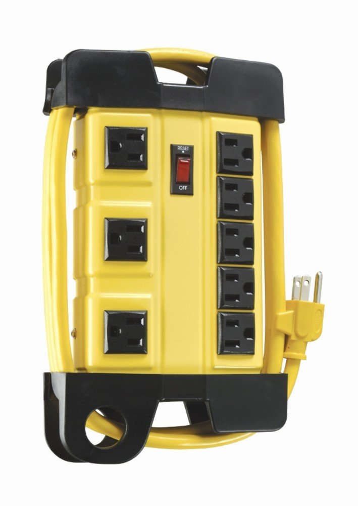 Southwire Woods Power Strip - 8-Grounded Outlets - Heavy Duty Industrial Outlet Strip - 6-Foot Yellow Cord - Lighted Switch Outlet Bar - Black