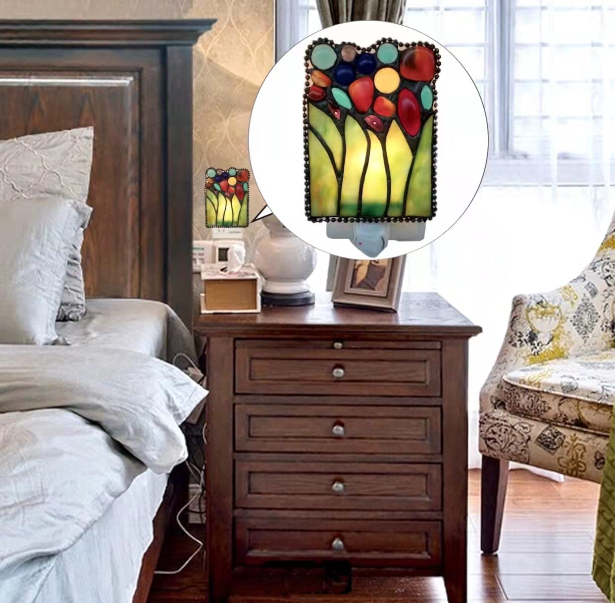 HUIMEIJU Tiffany Glass Night Light - Bedroom, Study, Aisle, Gem, Green Glass