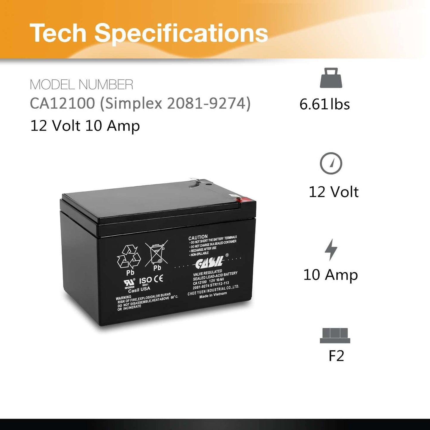Casil 12V 10Ah SLA AGM Battery - Rechargeable Deep Cycle - F2 Terminals - Compatible with Long Way LW-6FM10, 12V 12Ah Battery Replacement