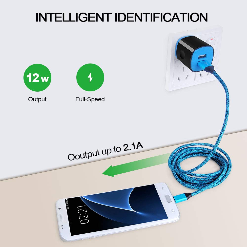 Android Phone Wall Charger Micro USB Cable, Charger Head Charge Block with 6ft Fast Charging Cord Compatible for Samsung Galaxy S7 S6 Active J3 S5 S2