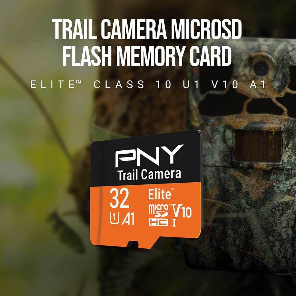 PNY 32GB Elite Class 10 U1 V10 A1 microSDHC Trail Camera Flash Memory Card - Read Up to 100MB/s, UHS-I, HD Photo & Video, Outdoor Camera, Tactile Use