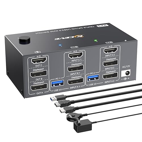 HDMI Displayport KVM Switch 3 Monitors 2 Computers 8K@60Hz 4K@144Hz,3 Monitor KVM Switch 2 Computers for 2 PC Share 3 Monitor and 4 USB3.0