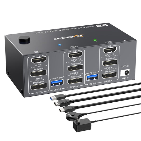 HDMI Displayport KVM Switch 3 Monitors 2 Computers 8K@60Hz 4K@144Hz,3 Monitor KVM Switch 2 Computers for 2 PC Share 3 Monitor and 4 USB3.0