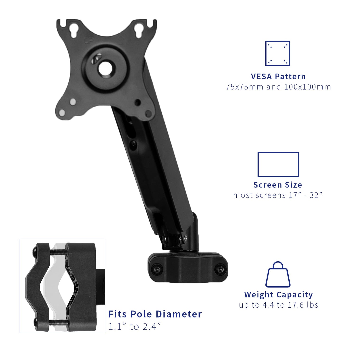 VIVO Universal Full Motion Pneumatic Pole Mount Arm for 17 to 32 inch Monitor Screen, 75mm and 100mm VESA Plate, Black, MOUNT-POLE05A