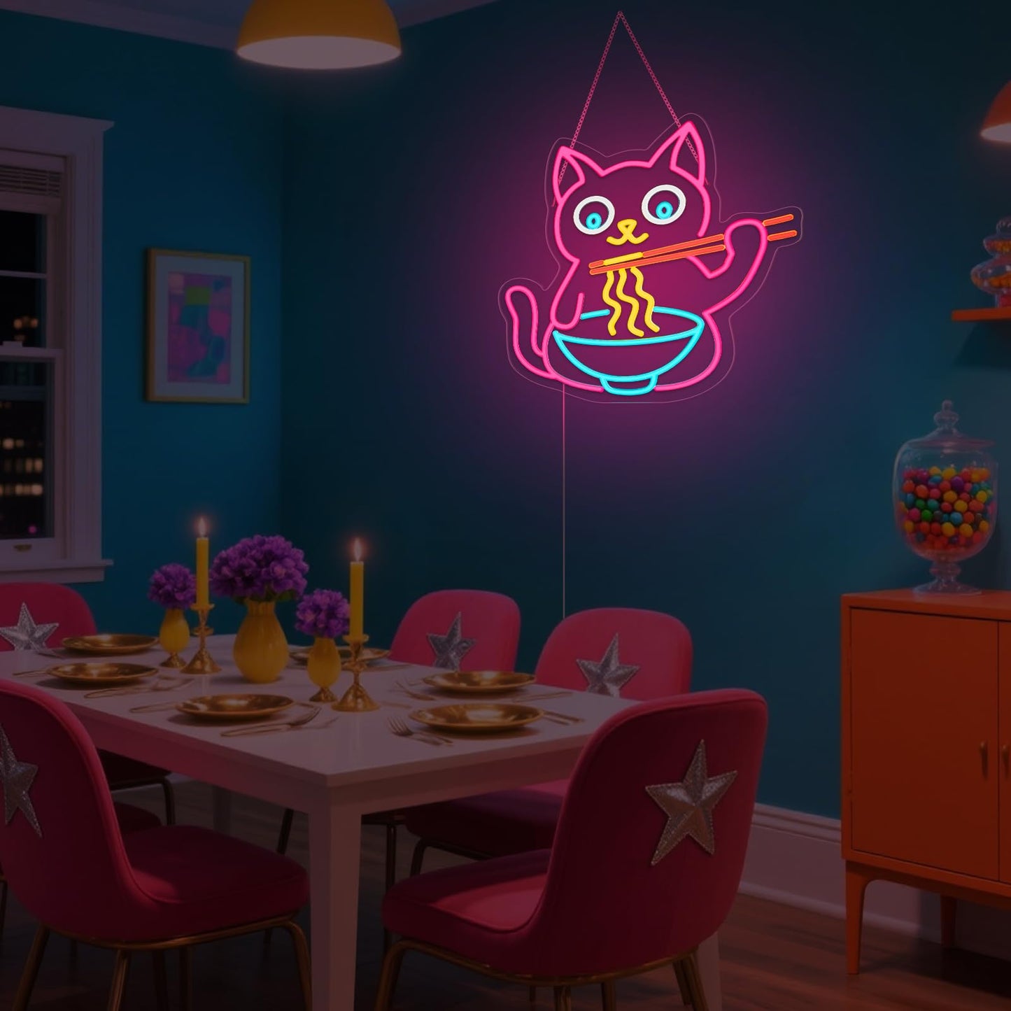 LMHSE Ramen Cat Neon Sign for Wall Decor, Cute Cat Neon Sign Ramen LED Signs for Wall Art Decor Restaurant Home Bar Kitchen Dining Bedroom Art Decor