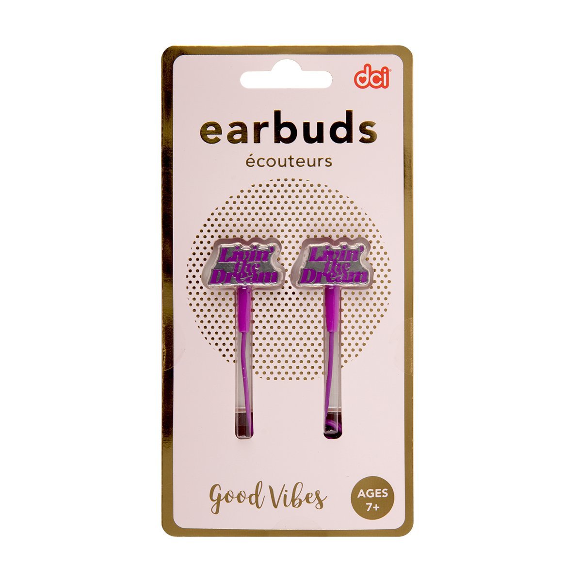 DCI in-Ear Headphones, Livin' The Dream Sentiment Earbuds, Purple Cord, 3.5mm Socket, Smartphone, Laptop, Tablet Compatible