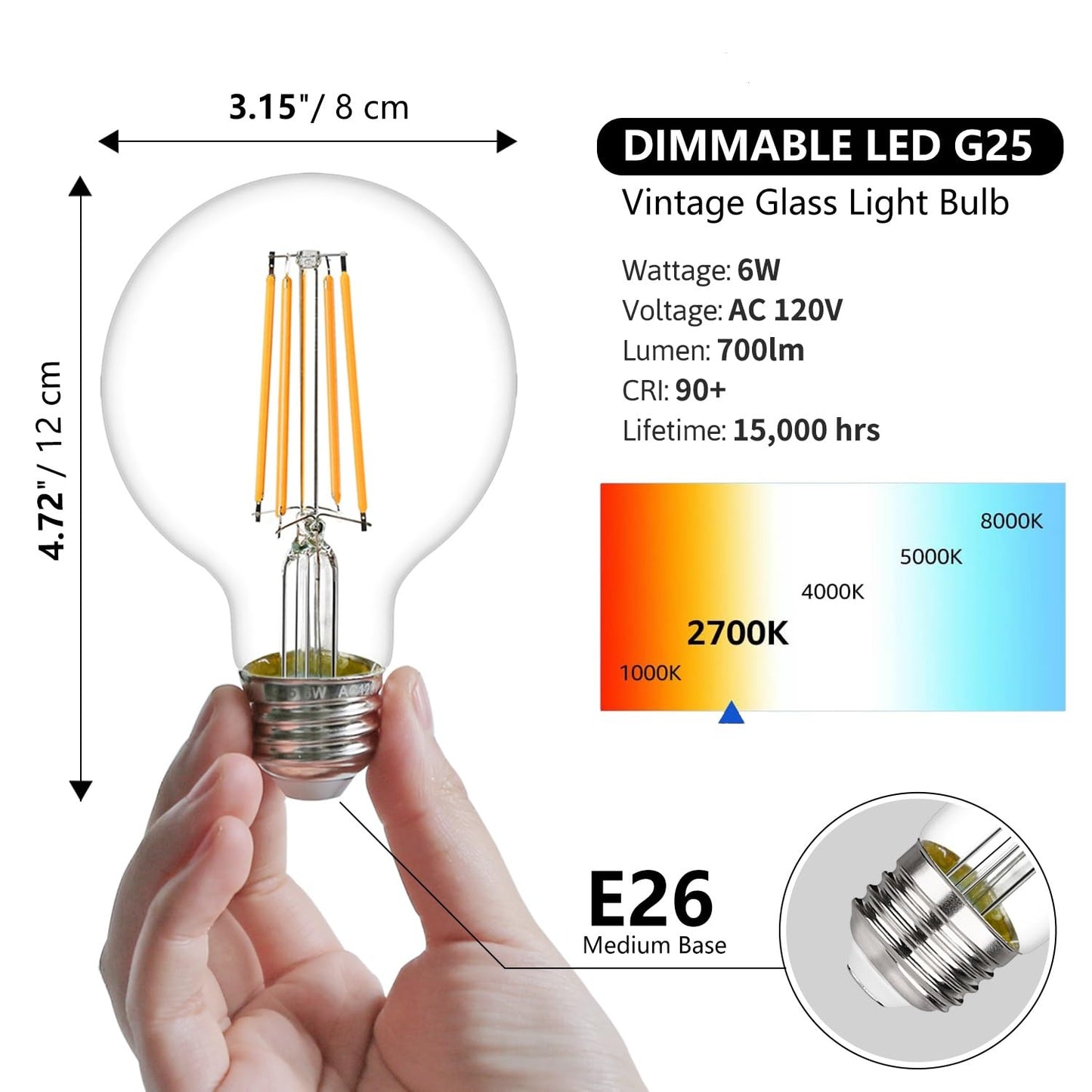 LiEiDi G25 LED Edison Vanity Globe Light Bulbs, LED Filament Light Bulb, 6W Equivalent to 60W, G80 Dimmable 700LM E26 Medium Base, Bathroom Vanity