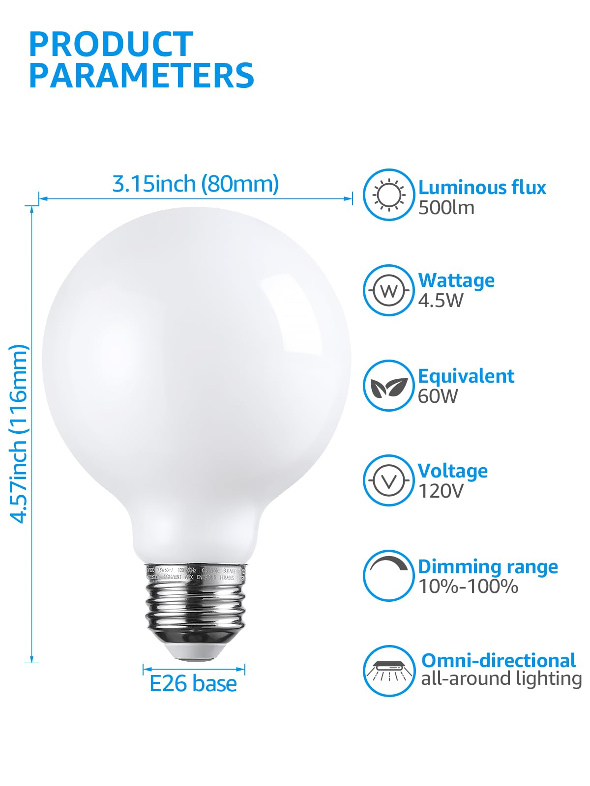 TORCHSTAR 6-Pack G25 Globe Light Bulbs LED Dimmable 2700K Soft White