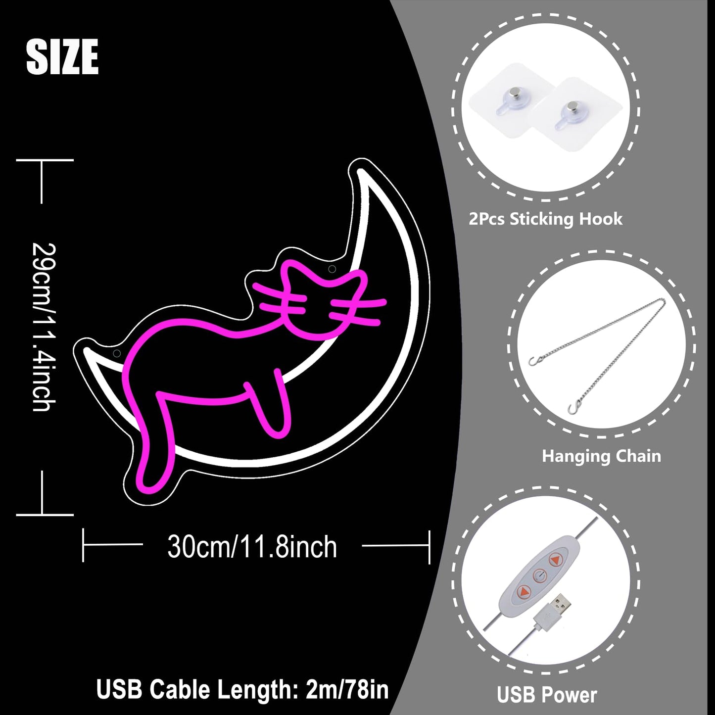Pink Cat Moon LED Neon Sign Dreamy Night Light for Bedroom Wall Decor USB Powered Flexible Light Strip for Girl's Room, Cafe, Pet Shop, Gift for Cat