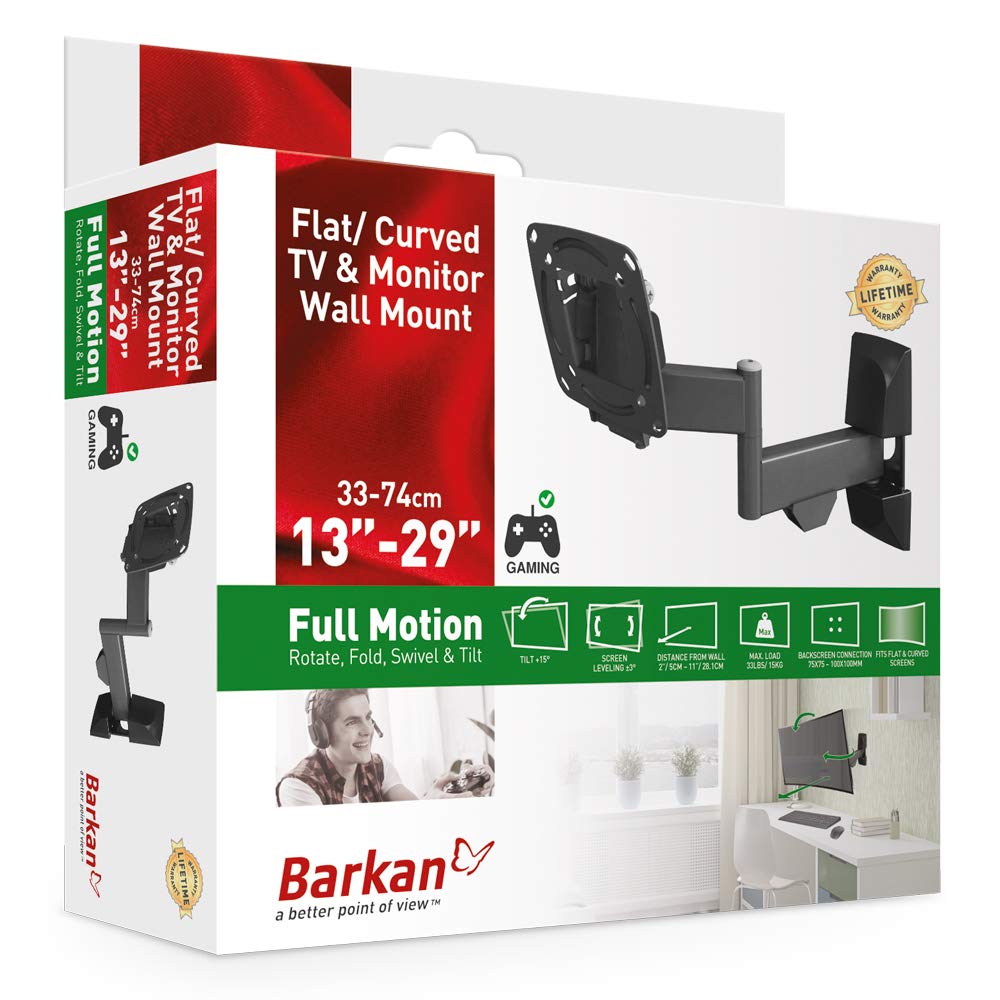 Barkan TV and Monitor Wall Mount, 13 - 29 inch Full Motion Articulating - 4 Movement Flat / Curved Screen Bracket, Holds up to 33 lbs, Lifetime