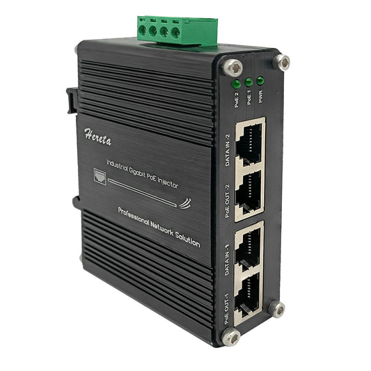 2 Ports Hardened Industrial Gigabit PoE+ Injector 30W Max Per Port 12~48VDC Power Input Support IEEE802.3af/at PoE Device Support 10/100/1000Base-T