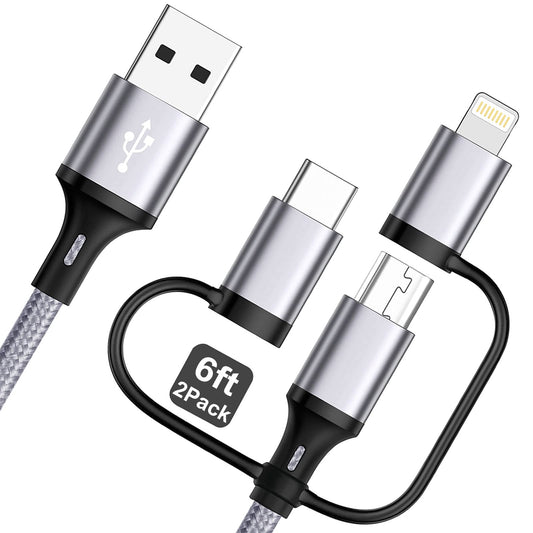 Multi Charging Cable [6ft 2Pack] 3 in 1 USB Charger Cable Nylon Braided Fast Charging Cords Chargers for Multiple Devices with Lightning/Type C/Micro…