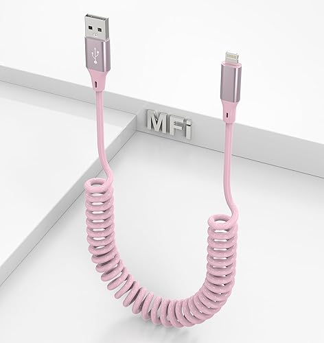 Coiled iPhone Charger Cord - 6Ft Lightning Cable for Apple CarPlay, Pink MFi Certified With Data Sync, Compatible With iPhone 14 13 12 11 Pro Max