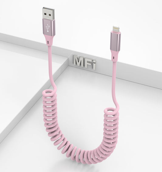 Coiled iPhone Charger Cord - 6Ft Lightning Cable for Apple CarPlay, Pink MFi Certified With Data Sync, Compatible With iPhone 14 13 12 11 Pro Max