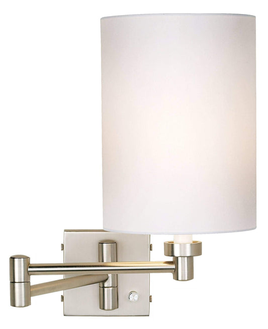 Possini Euro Design Modern Swing Arm Adjustable Wall Lamp Brushed Nickel Plug-in Light Fixture Dimmable White Cotton Cylinder Shade for Bedroom