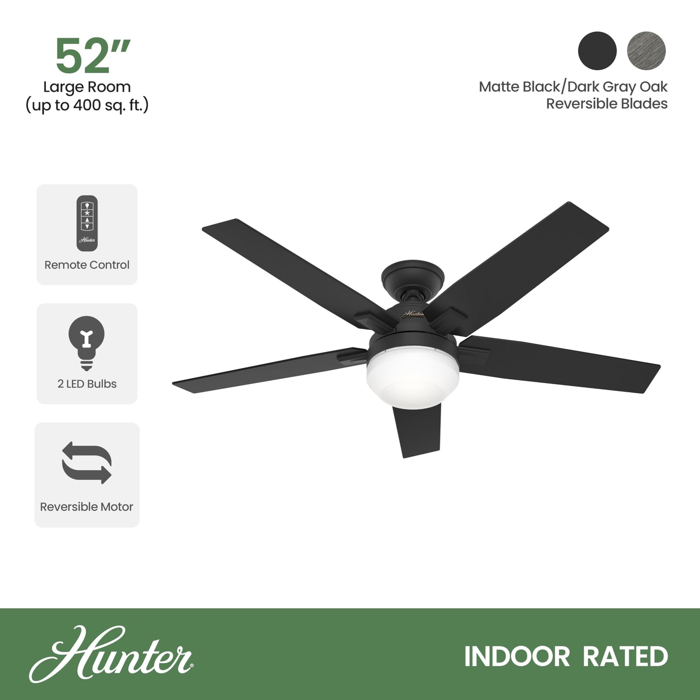 Hunter Fan 52 inch Matte Black Indoor Ceiling Fan with LED Light and Remote Control for Bedroom, Living Room, Office, Basement, Kitchen, Dining Room