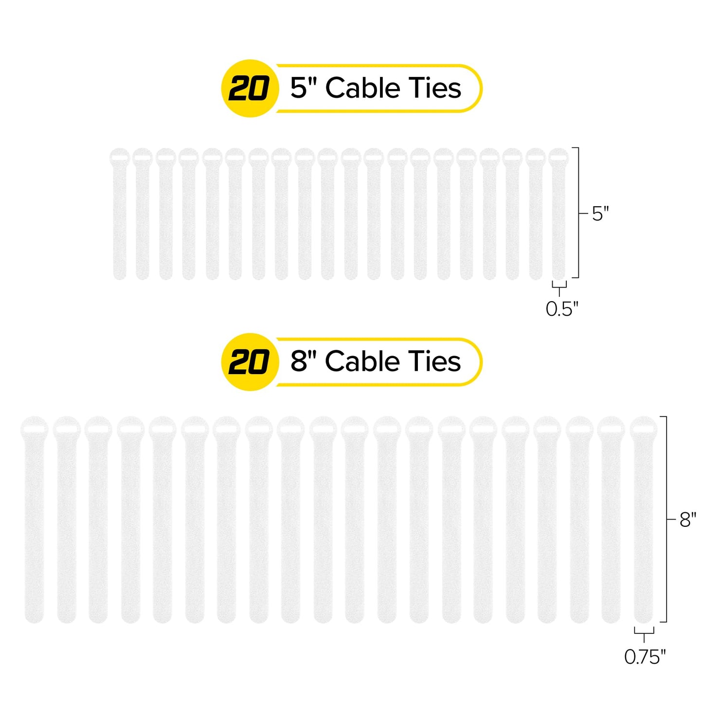 Self-Gripping Cable Ties by Wrap-It Storage, White, 40 Pack (5 Inch and 8 Inch Straps) - Reusable Hook and Loop Cord Organizer Cable Ties for Cord