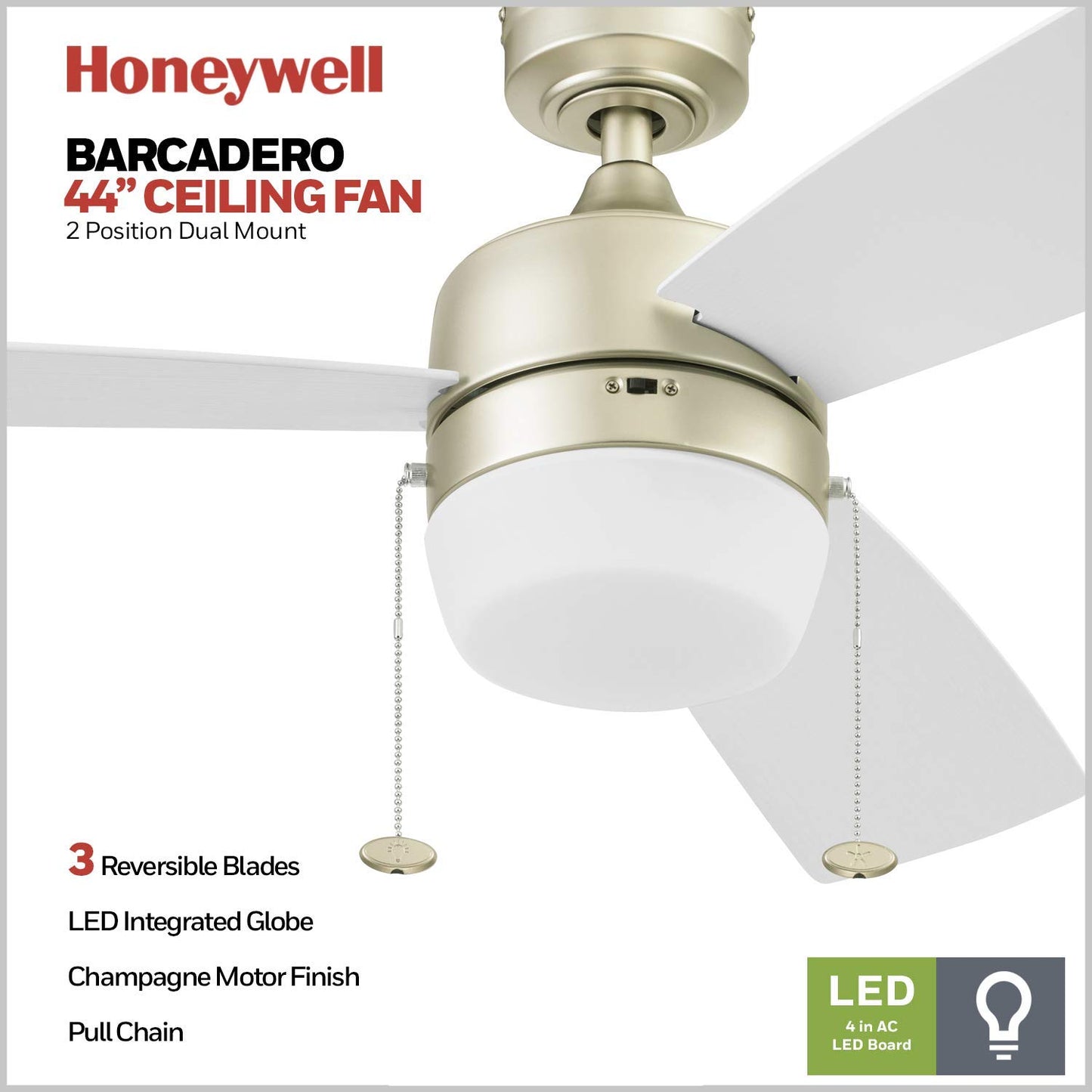 Honeywell Ceiling Fans Barcadero 44 Inch LED Indoor Ceiling Fan with Light, Pull Chain, Reversible Motor, 3 Dual Finish Blades, Soft Gold