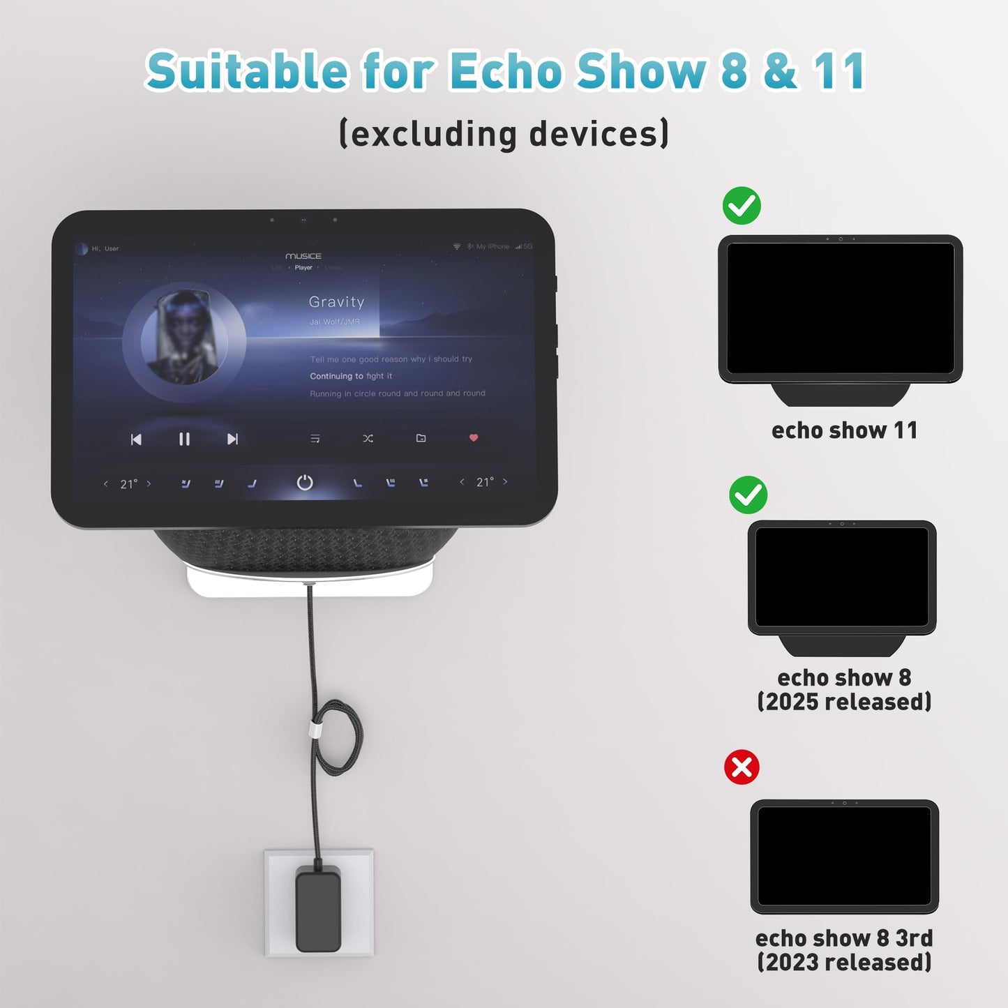 Letlar Adjustable Wall Mount for Echo Show 11 and Echo Show 8 2025, Save Space Bracket, Easy Installation Mounting, Kitchen Use Mount, Aluminum Wall