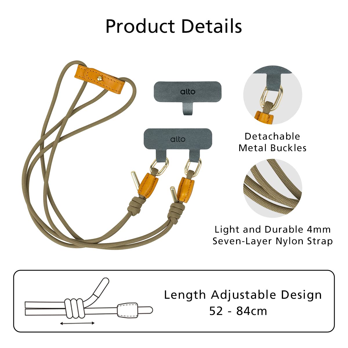 alto Crossbody Phone Lanyard: Detachable Patch, Nylon Strap with Italian Leather pad, for iPhone and Android Full Body Phone Cases (Caramel Brown)